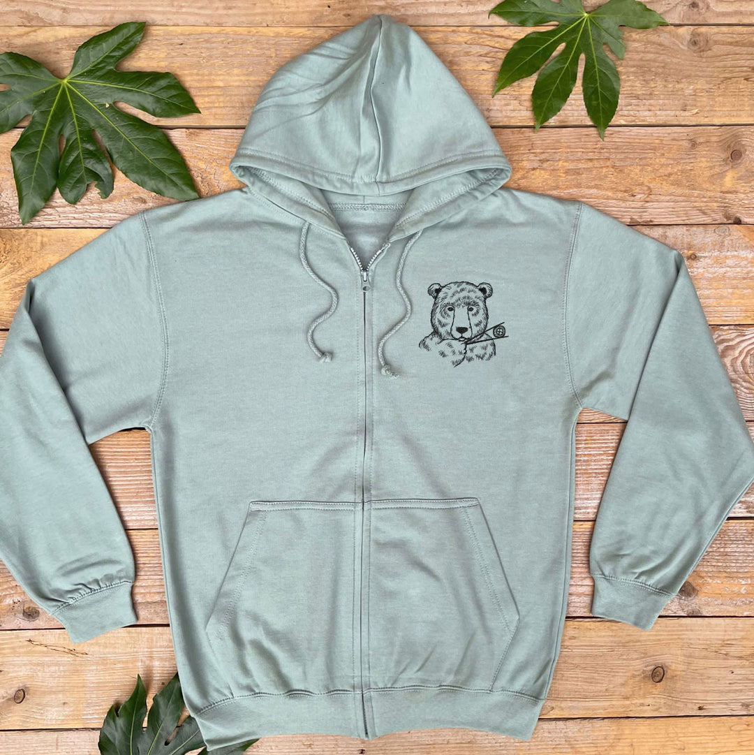mint hoodie with bear eating sushi pocket print
