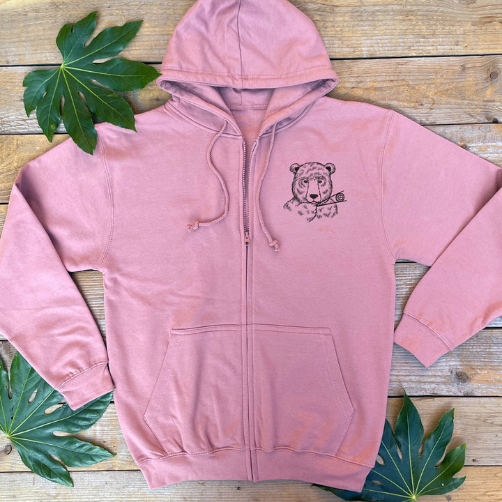 dusky pink hoodie with bear and sushi print