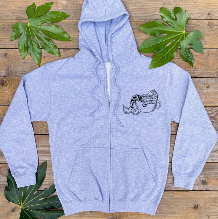 merbear in a ea cup grey hoodie