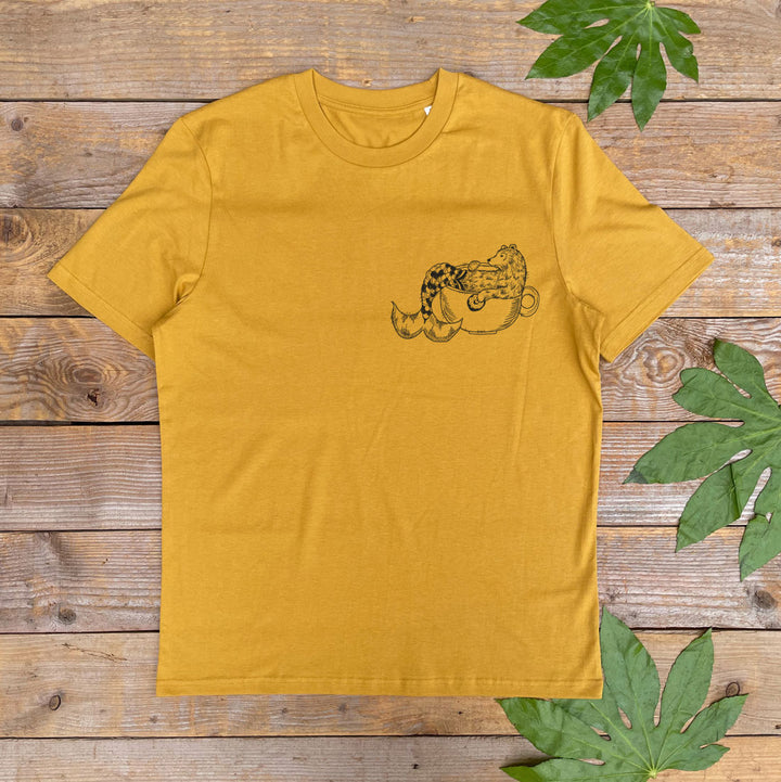 bear sat in teacup mustard colour tee
