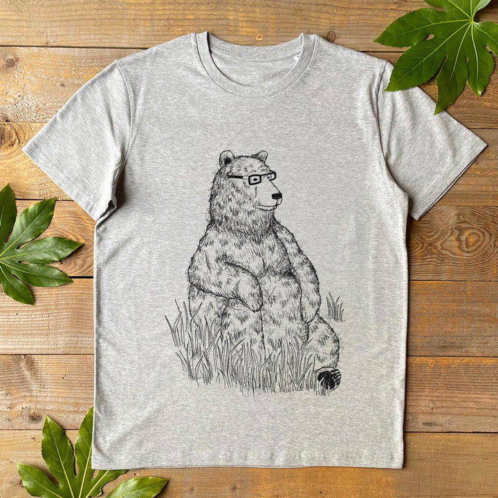 bear sitting grey shirt
