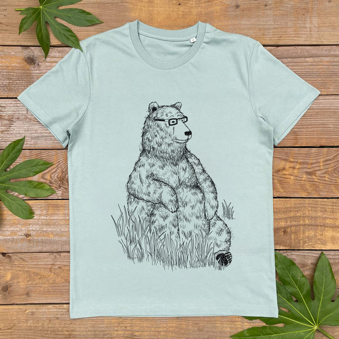 mint tee with bear sitting wearing glasses