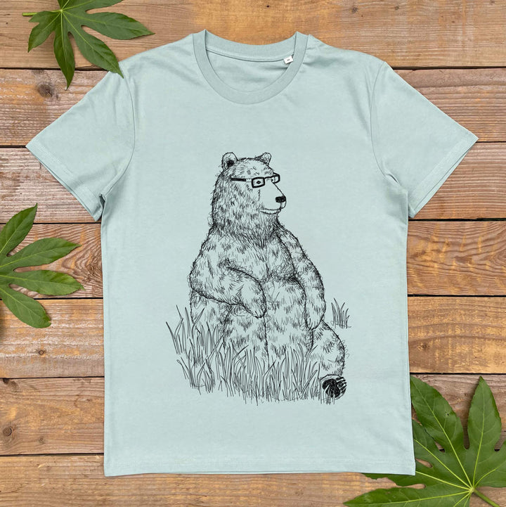 mint tee with bear sitting wearing glasses