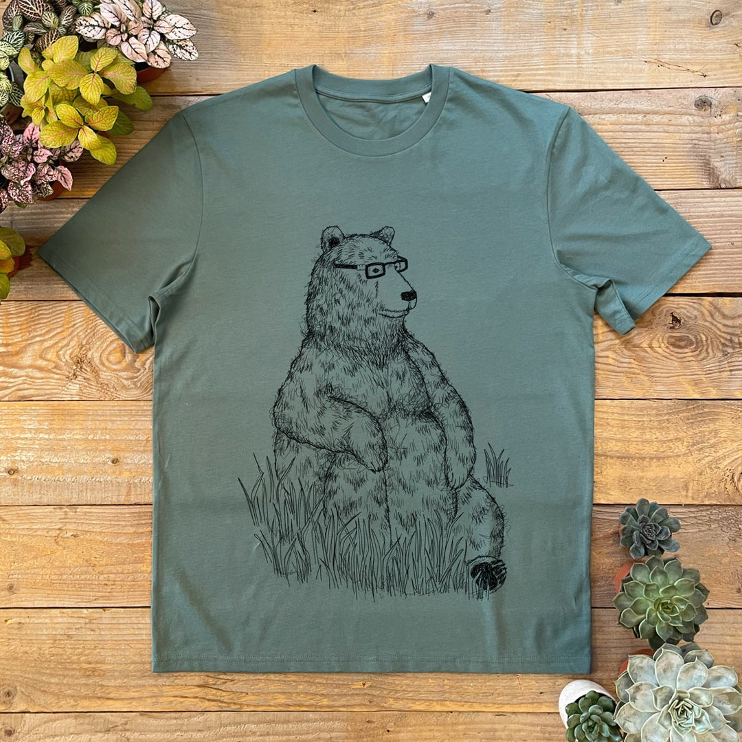 tshirt with bear sitting wearing glasses