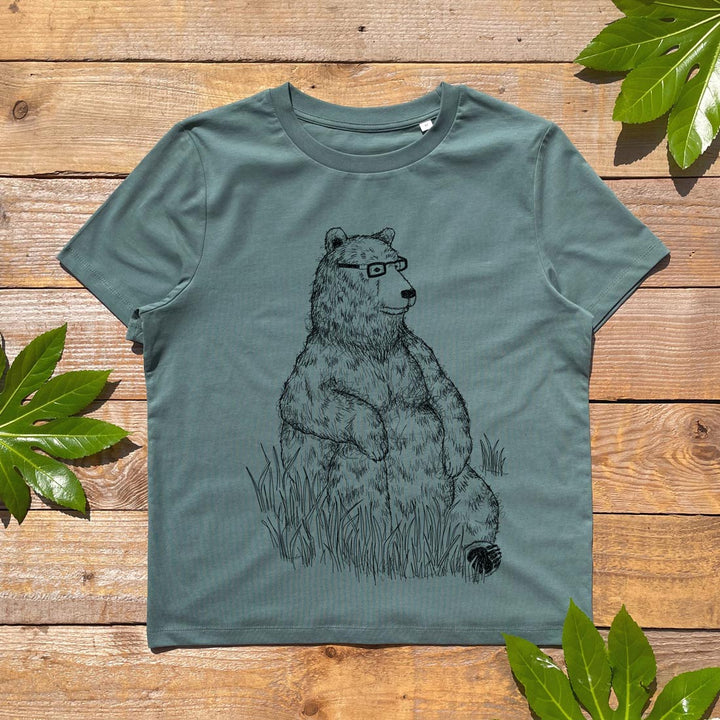 womens tee with bear sitting with glasses