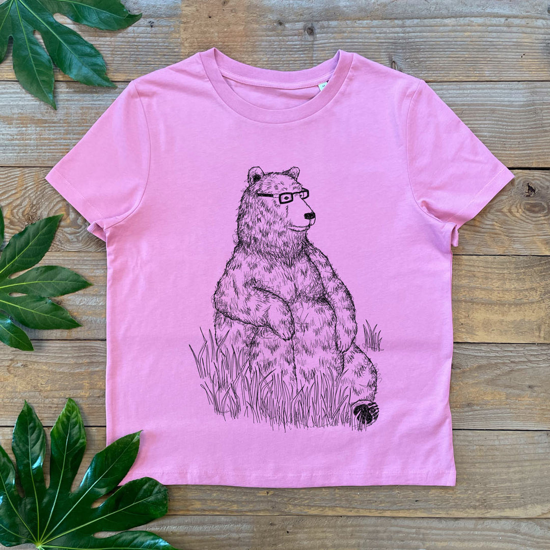 pink tee with sitting bear