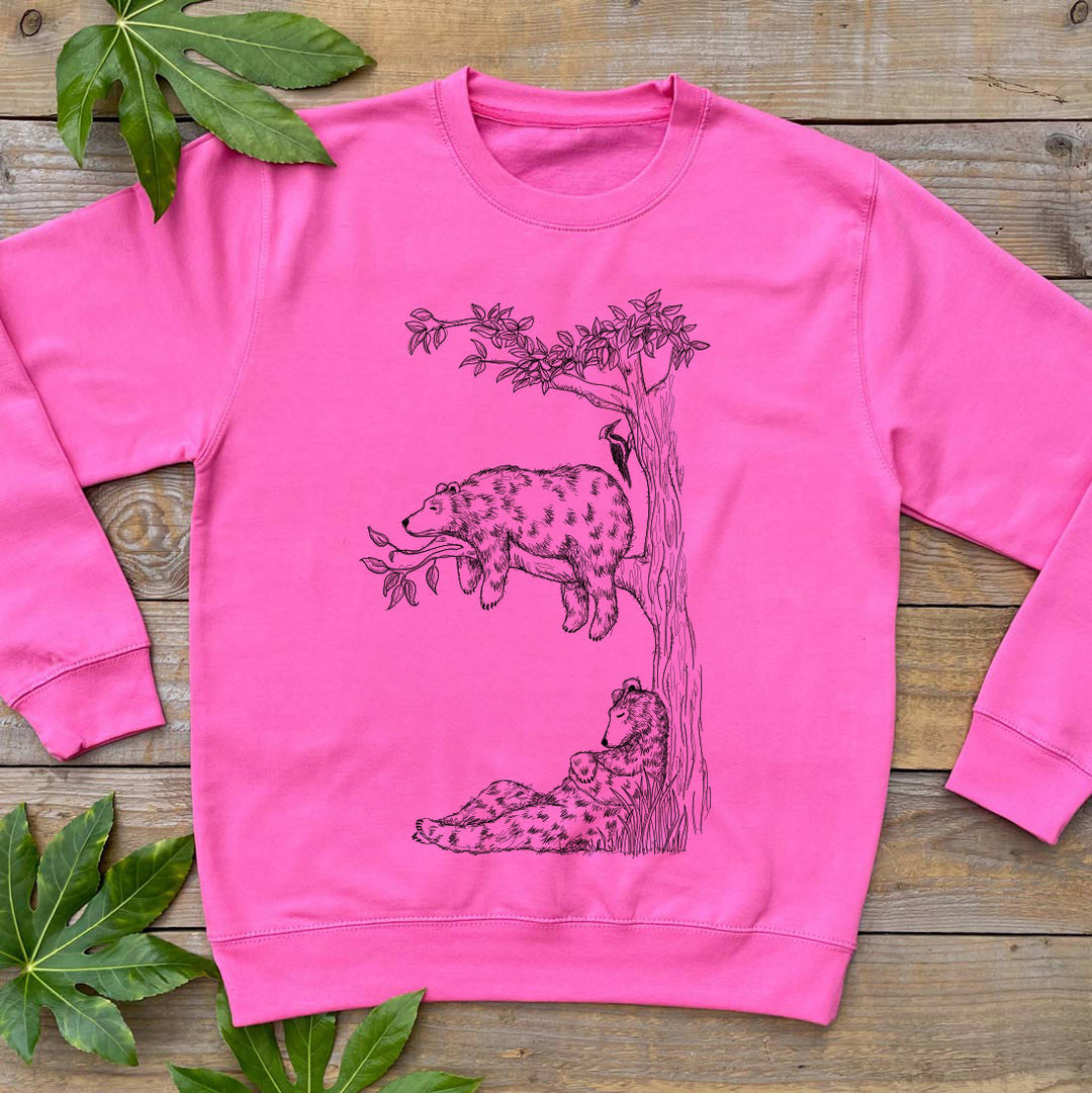 pink jumper with bears in trees