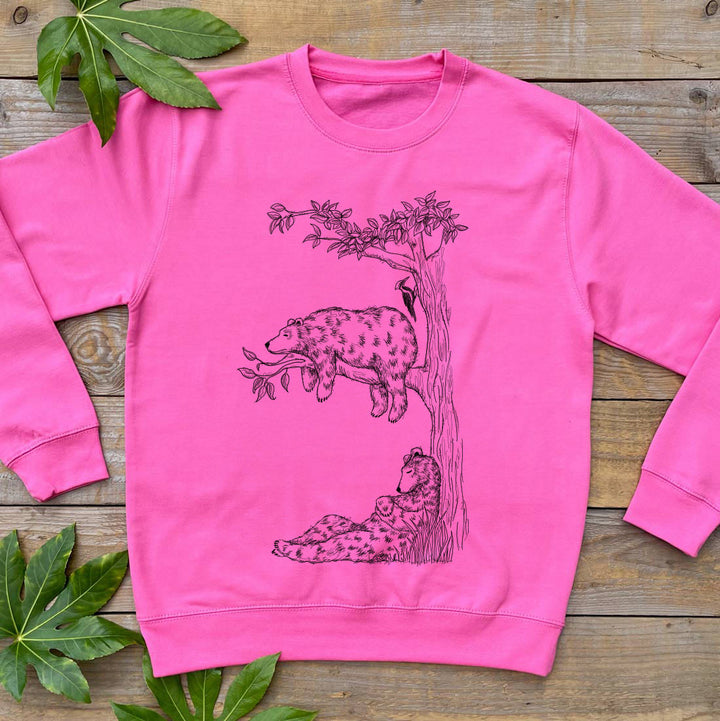 pink jumper with bears in trees
