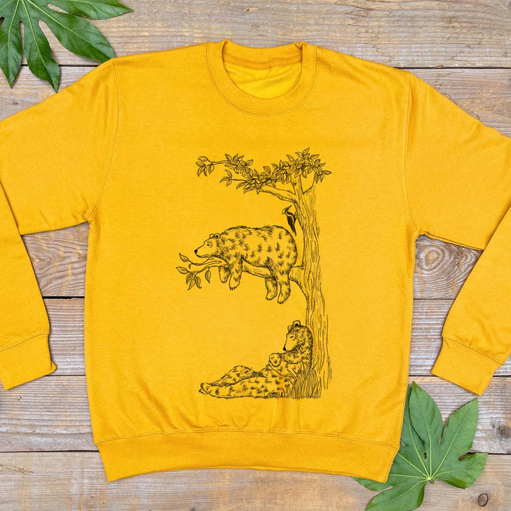 mustard coilour jumoer with bears sleeping