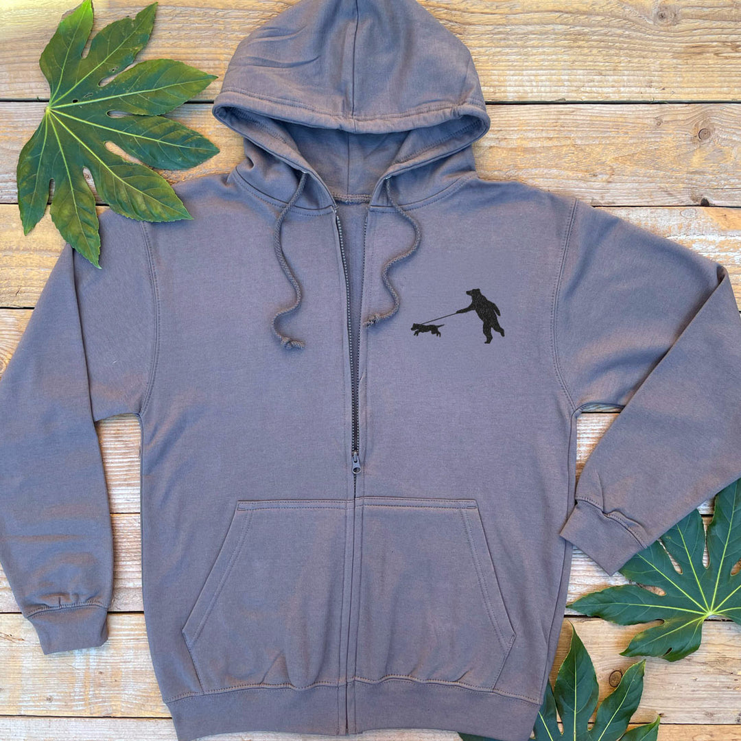 charcoal grey hoodie with bear walking a dog print