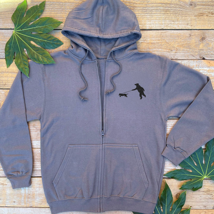 charcoal grey hoodie with bear walking a dog print