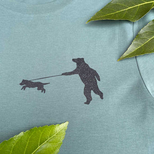 bear walking a dog khaki tshirt