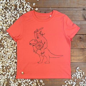 BEAR RIDING A T REX ORANGE TEE