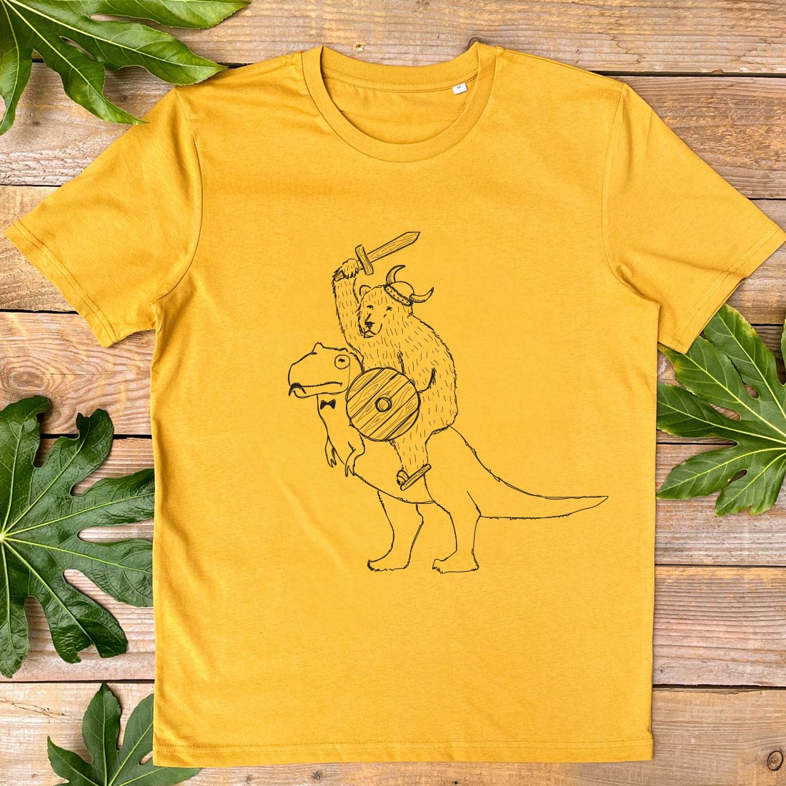 bear riding dinosaur tshirt mustard colour