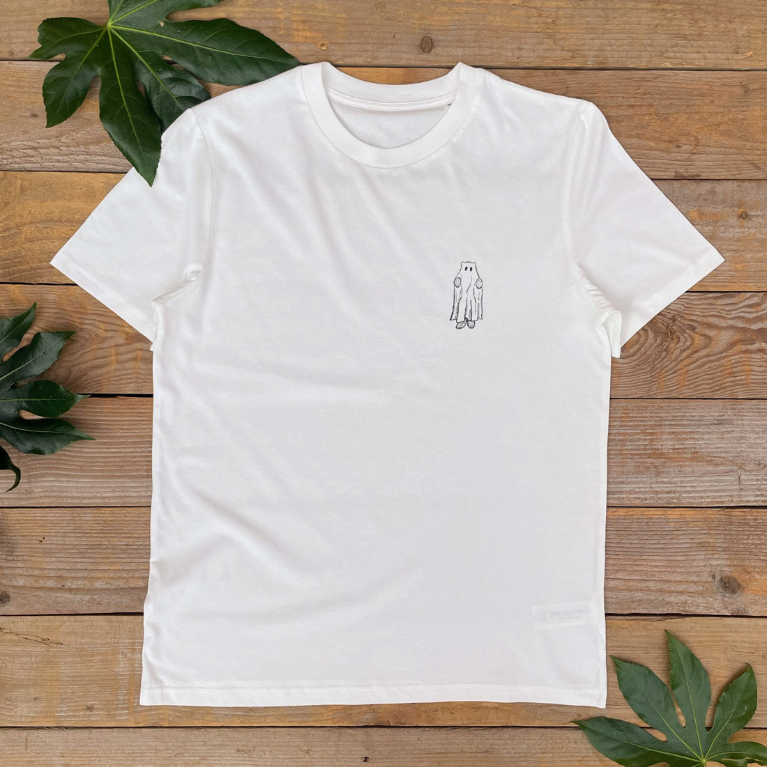 white tee with ghost bear pocket print