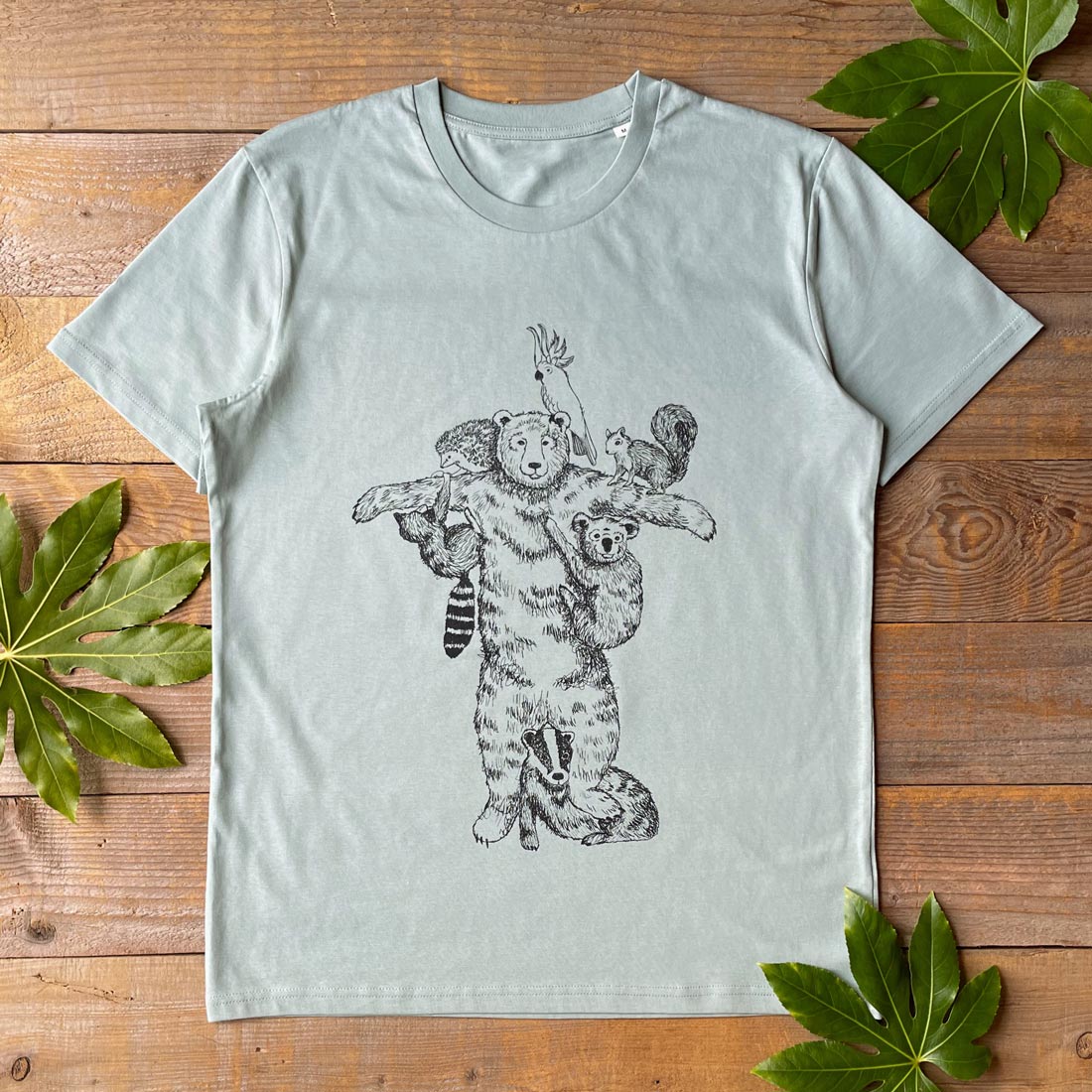 climbing frame t-shirt featuring bear, squirrel, badger and morebear, koala, hedgehog, badger tshirt