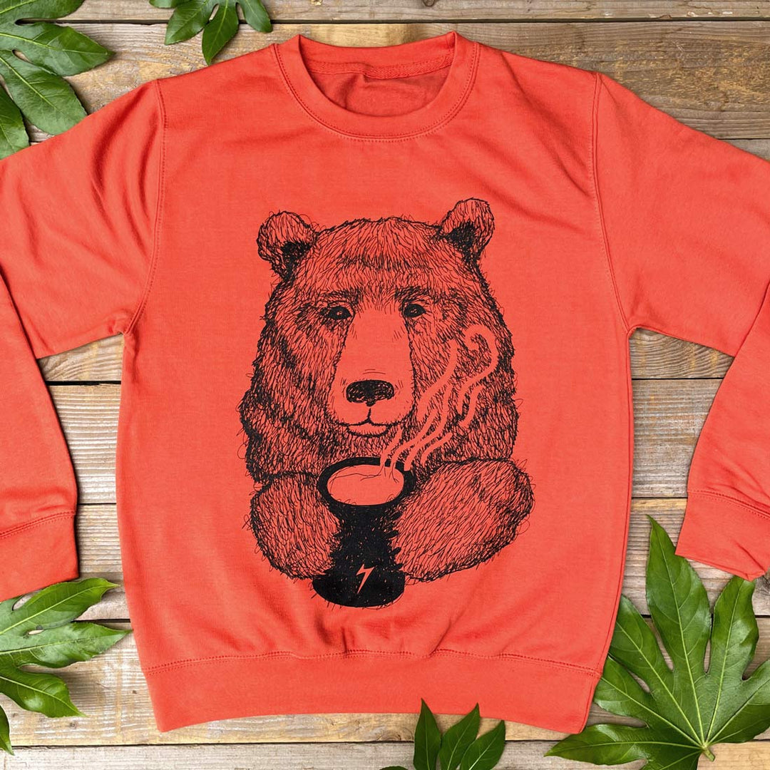 cuppa bear jumper - Orange  jumper with bear drinking from mug 