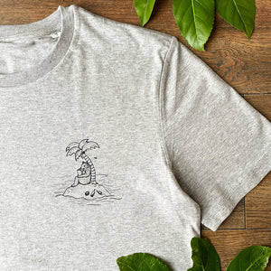 little bear print of bear reading a book printed on a grey organic cotton tee